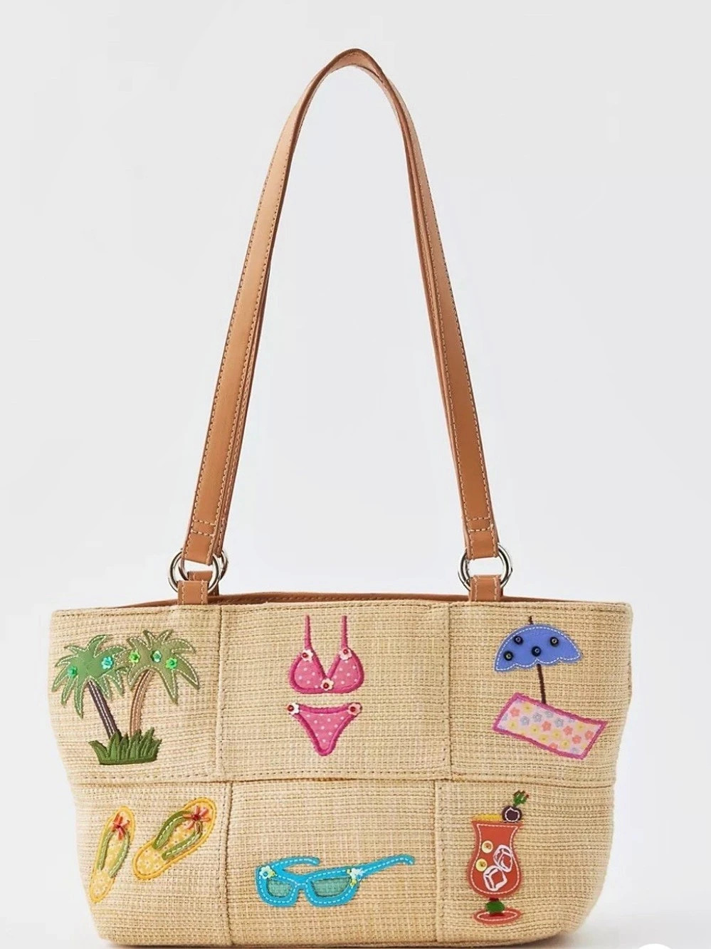 Embellished Straw Tote in Beige
